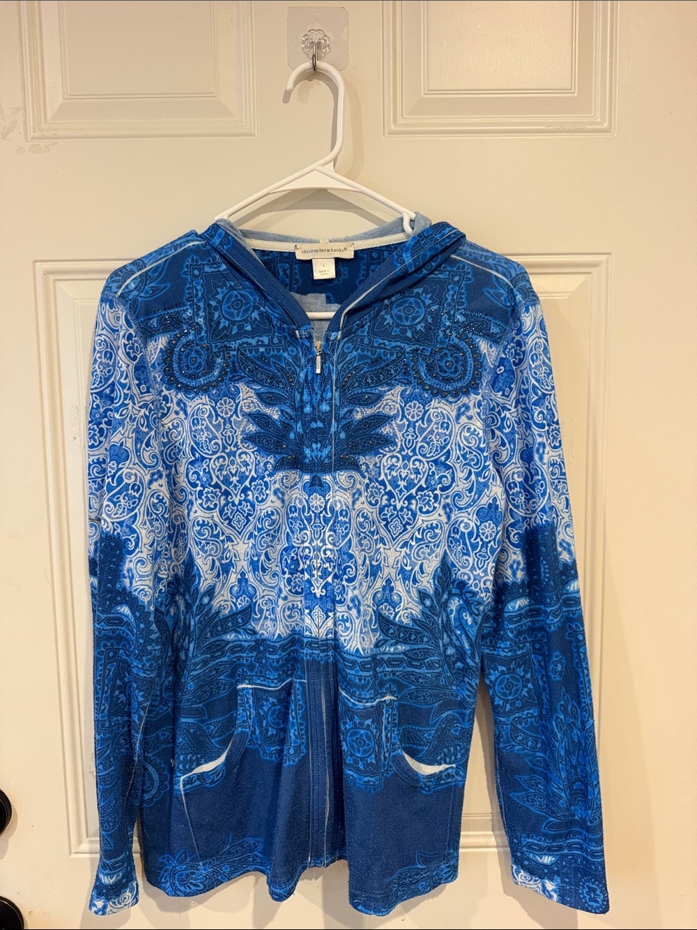 Christopher & Banks Blue Paisley Hooded Zip Cardigan